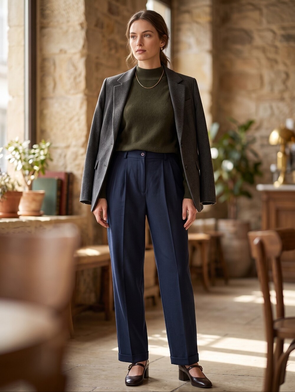 Vintage High Rise Pleated Trousers Navy Cuffed Dark Academia Corpcore Trouser